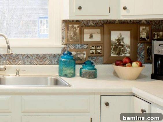 Picture frames covering an ugly backsplash