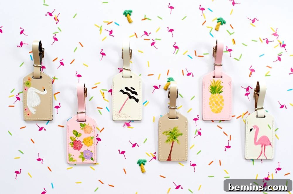 Many colorful tags hang along a colorful wall. Display your finished DIY leather luggage tags proudly and add a touch of personalization to your travel accessories.