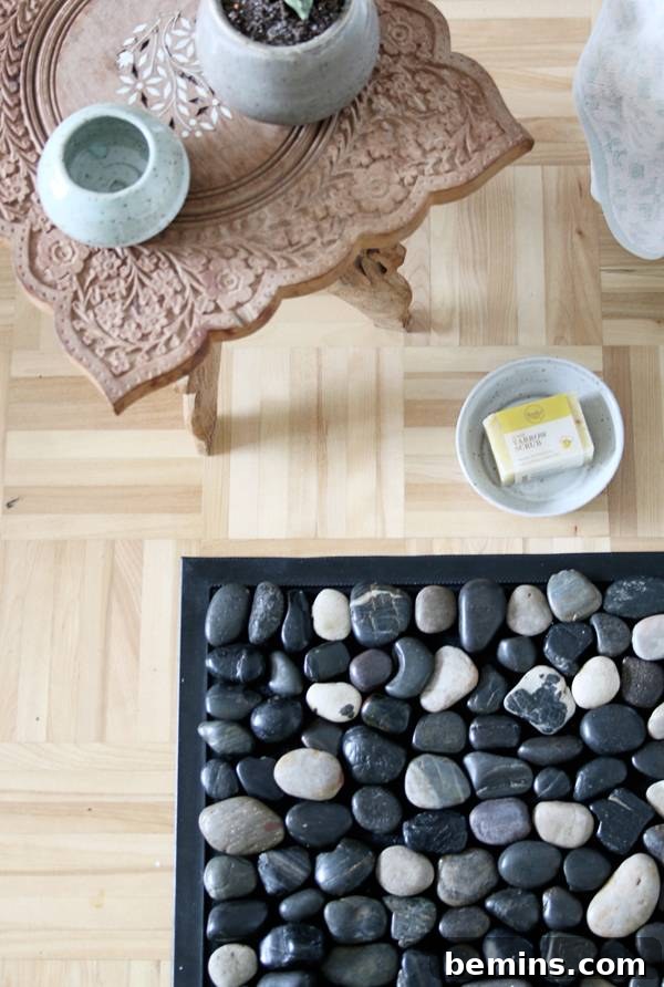Another view of the DIY Pebble Bath Mat