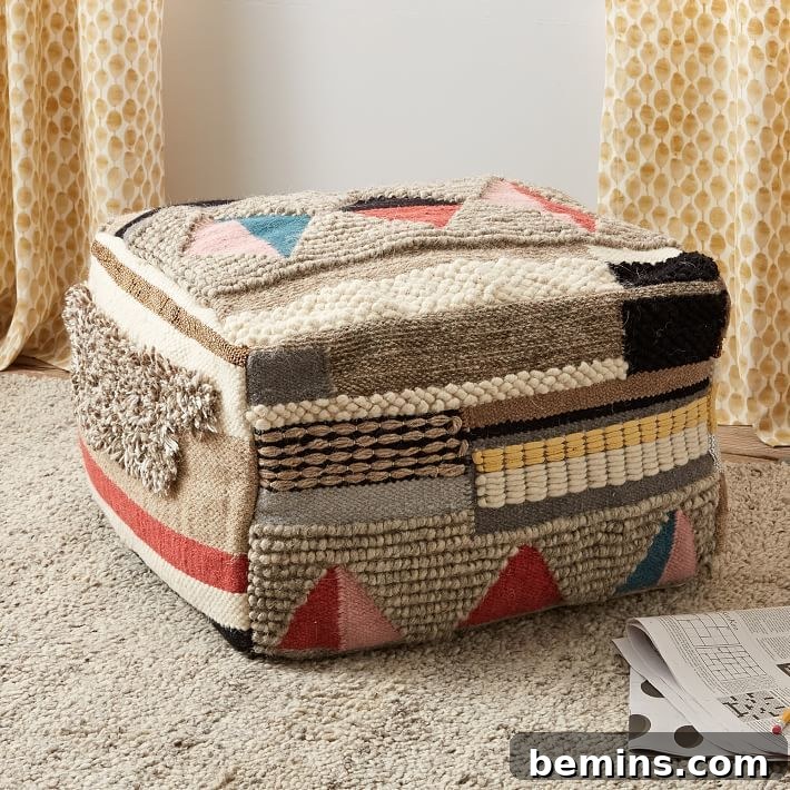 Boho Wool Pouf - Stylish graphic textile home decor accent