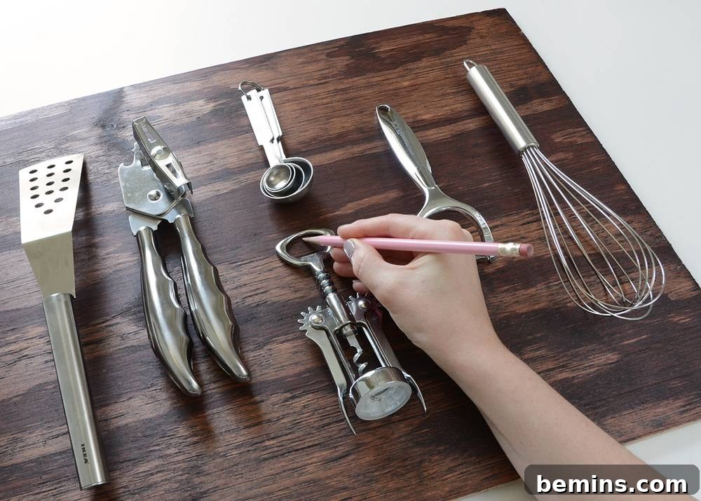 Arranging kitchen utensils on board