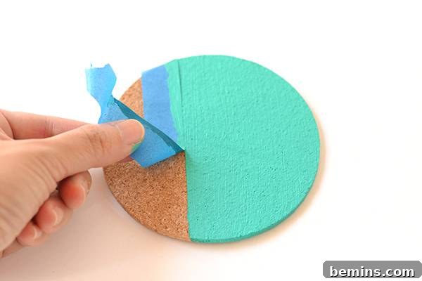 Patterned Cork Coasters: Elevating Your Drink Experience 6 Applying the second color block with painter's tape