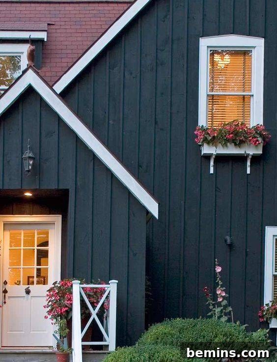 Dark Painted Exterior with Vibrant Landscaping