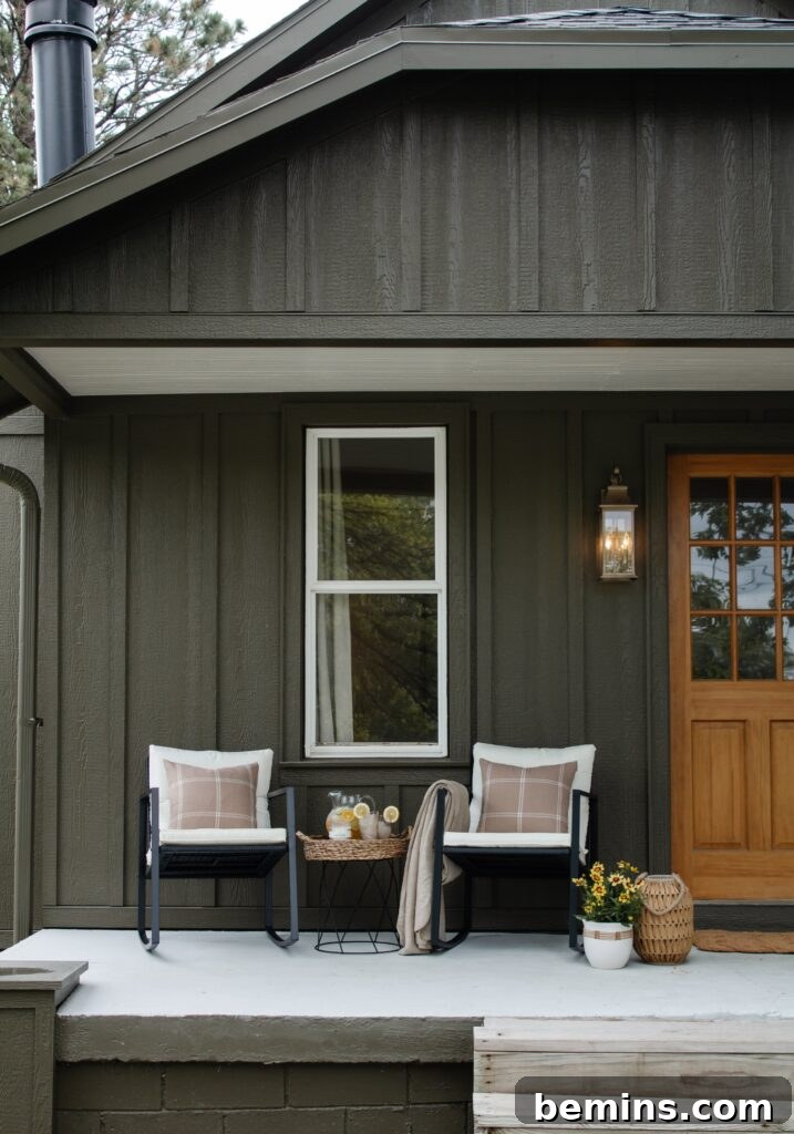 Dark Army Green Exterior with Light Wood Door