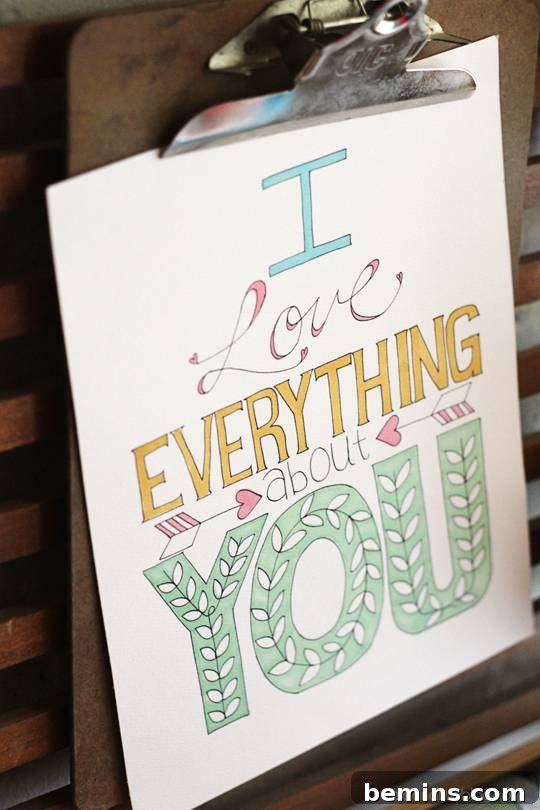 10 Heartfelt Printables: A Free Mother's Day Gift Guide 11 A printable coloring page with the message 'I Love Everything About You,' a heartfelt and simple gift idea.