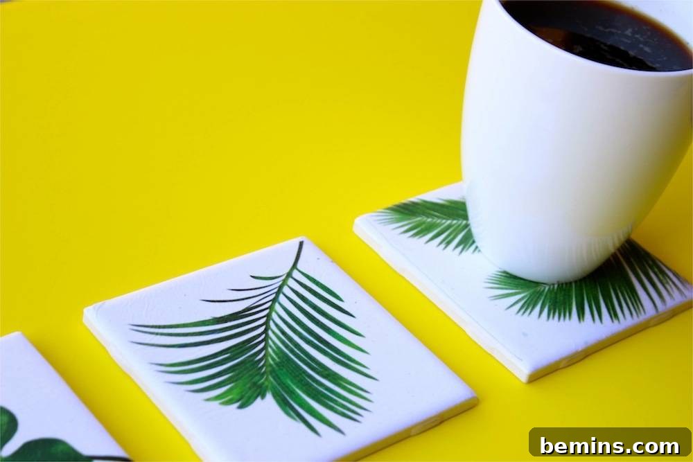 DIY Tropical Leaf Coasters: A Touch of Paradise at Home 13 Tropical leaf coasters and a cup of coffee
