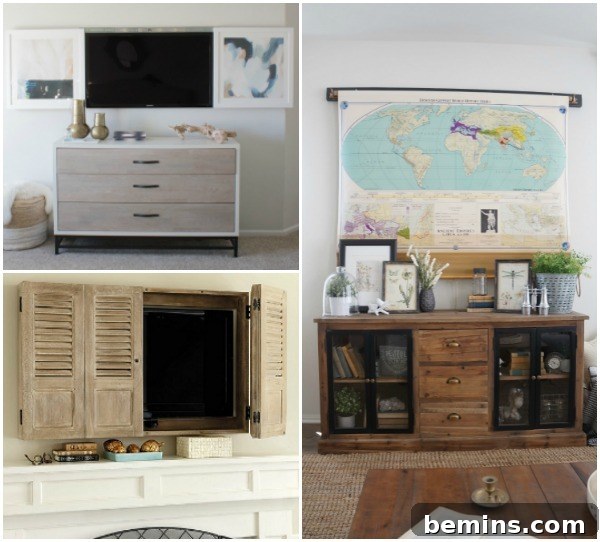 Creative living room showcasing a hidden wall-mounted TV, seamlessly integrated into the design.