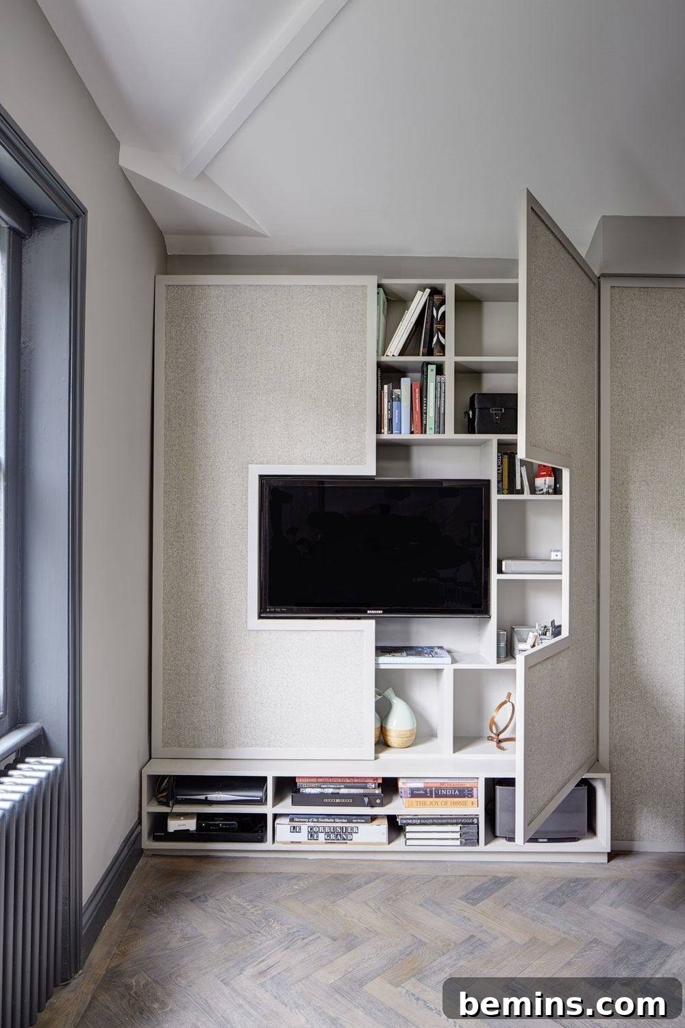 Expanding shelves concealing unsightly TV cords, maintaining a clean and organized look.