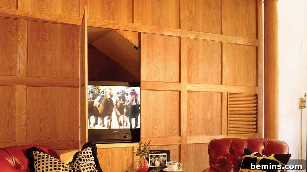 Wall paneling with a hidden compartment that opens to reveal the television, offering a touch of surprise.