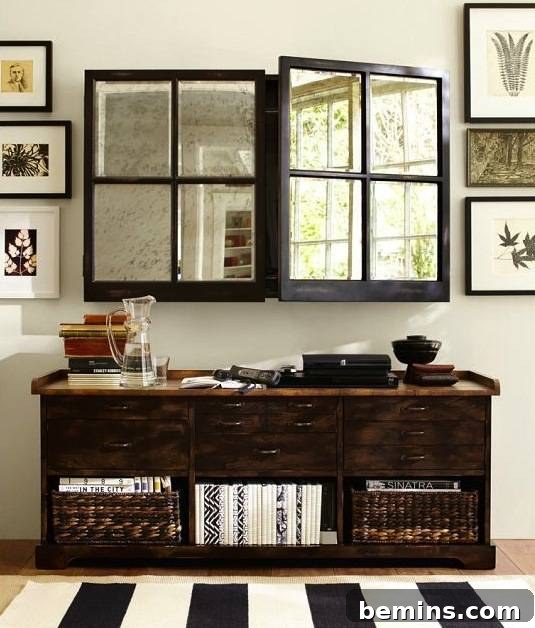Mirrors concealing a TV, creating an illusion of space and adding a touch of glamour to the room.