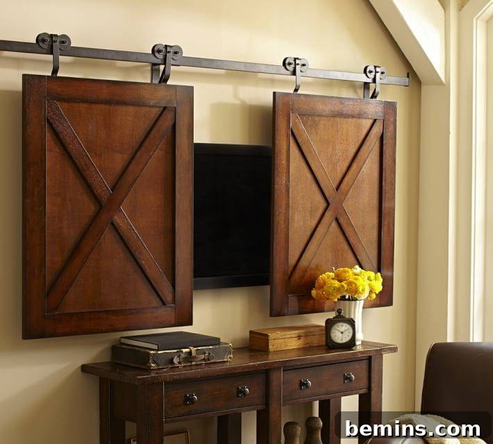 Sliding cabinet doors concealing a TV, offering a classic and versatile solution for media storage.