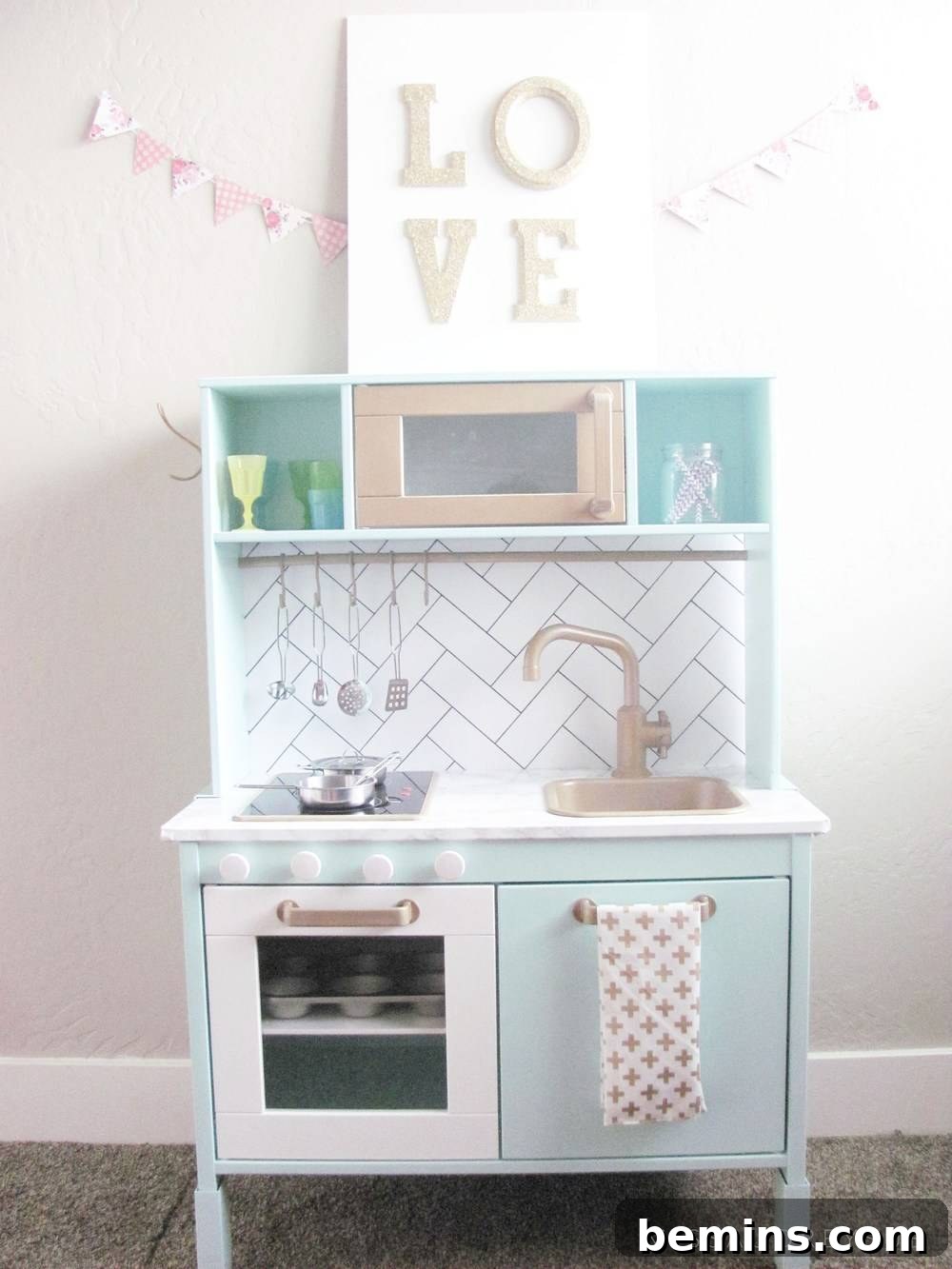 10 Clever IKEA Play Kitchen Transformations for Little Chefs 6 Retro-inspired IKEA Duktig play kitchen in mint green with a unique herringbone backsplash and vintage charm.