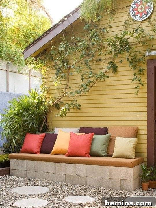 Cinder block bench with cushions for comfortable seating