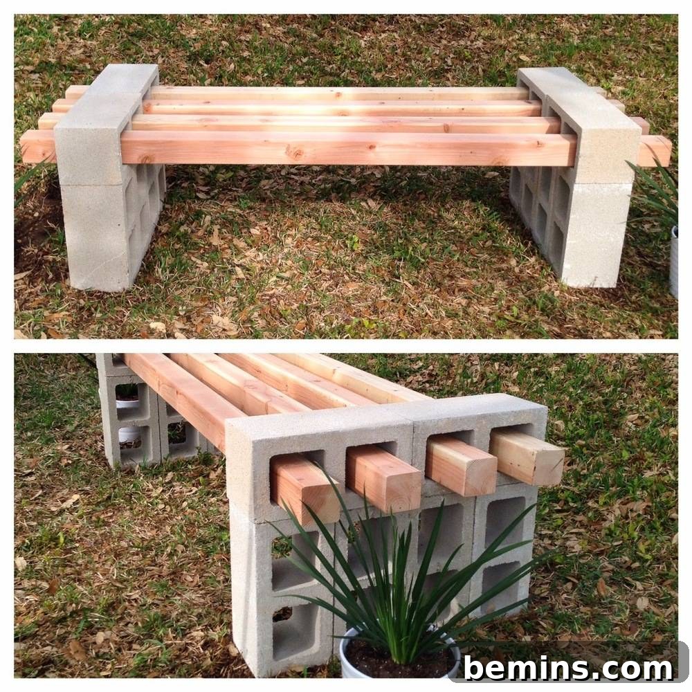 Stylish outdoor bench made from cinder blocks and wood