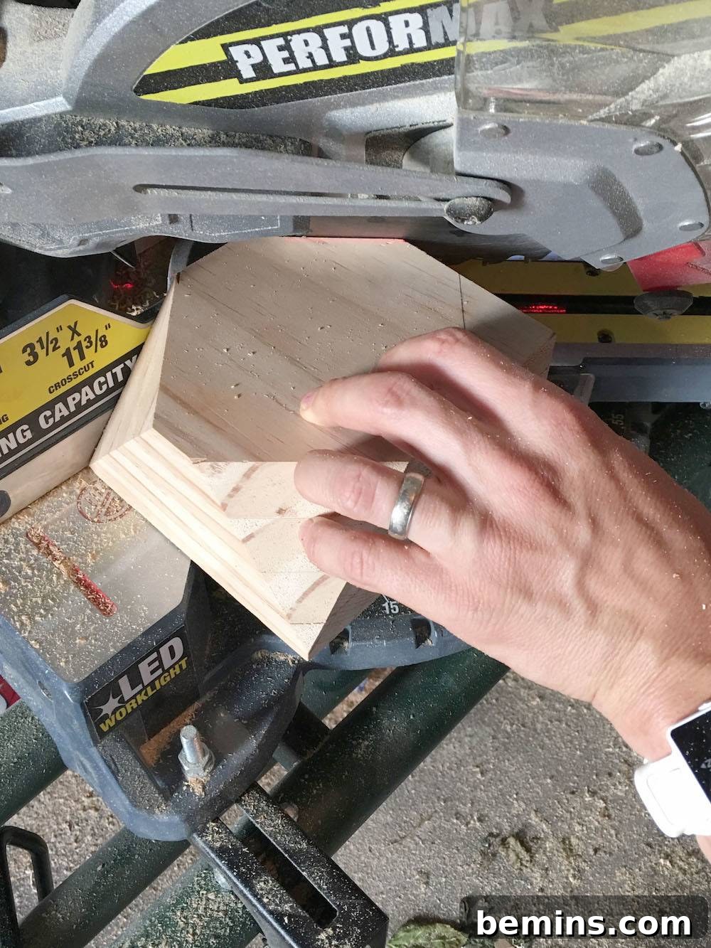 Cutting the wood block at an angle