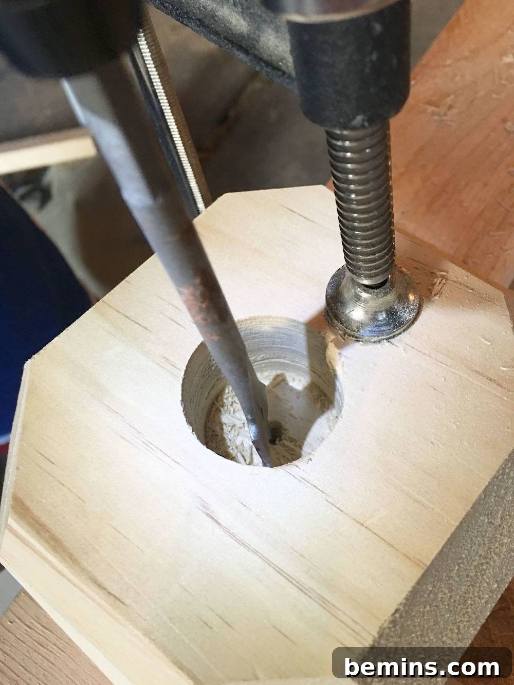 DIY Edison Bulb Wooden Table Lamp 18 Preparing to drill the socket base hole