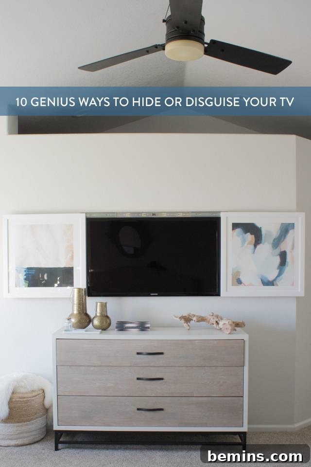 Inspirational image of a TV hidden behind sliding artwork, ready for Pinterest sharing