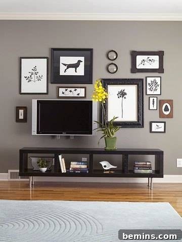 TV cleverly tucked into a black and white gallery wall, blending in with frames