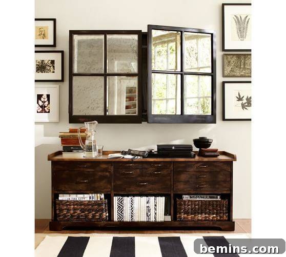 Stylish mirrored cabinet from Pottery Barn functioning as a TV hiding solution