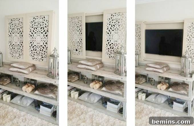 Neutral living space with decorative panels discreetly hiding a television