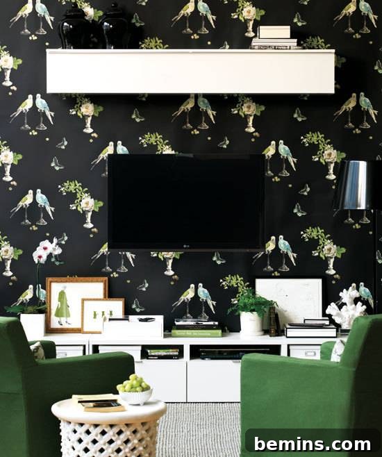 TV camouflaged against a dark patterned wallpaper in a stylish room