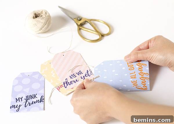 Printable cheeky luggage tags showing attaching the tags to luggage