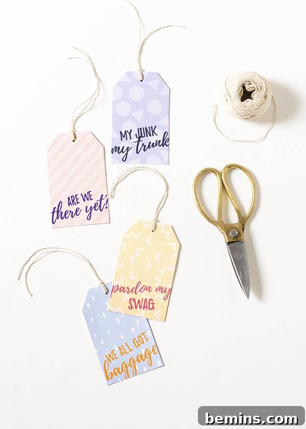 Printable cheeky luggage tags showing tags attached to bags