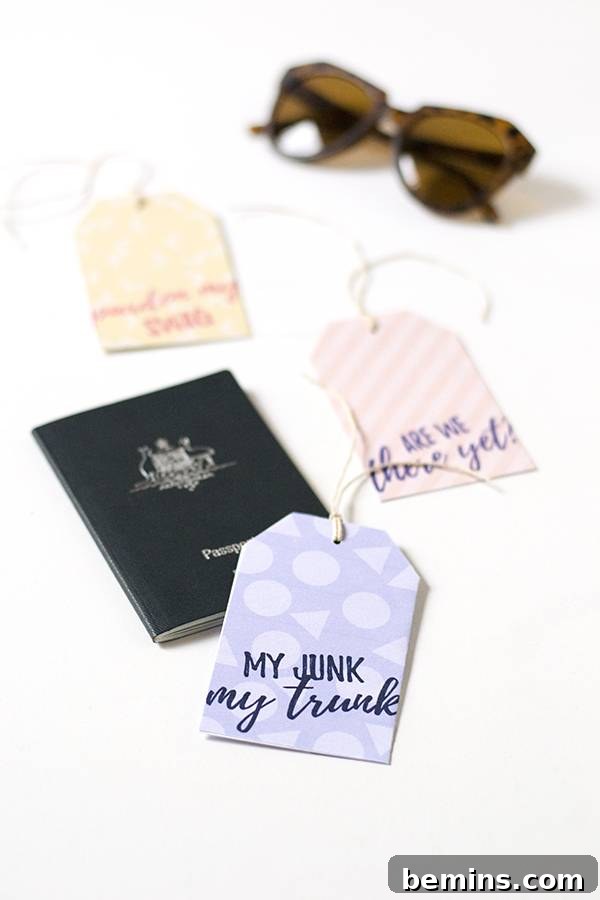 Printable cheeky luggage tags showing tags attached to bags