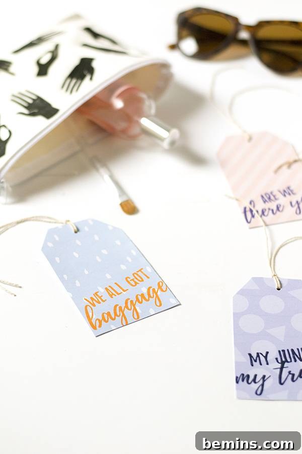 Printable cheeky luggage tags showing tags attached to bags