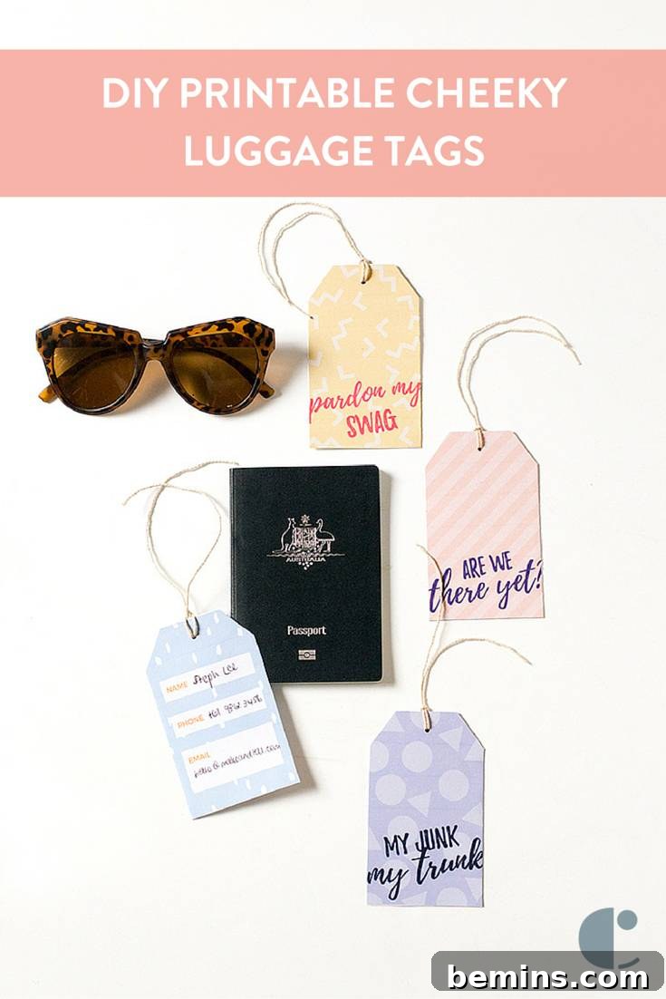 Printable cheeky luggage tags showing tags attached to bags