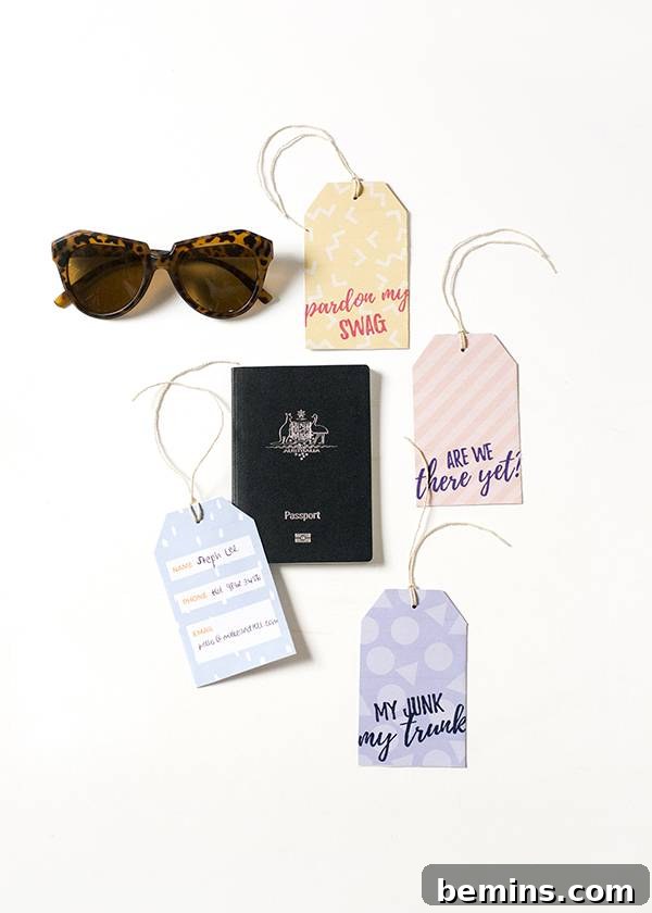Printable cheeky luggage tags close up view of several tags