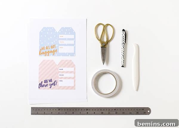 Printable cheeky luggage tags showing tools and materials needed for the project