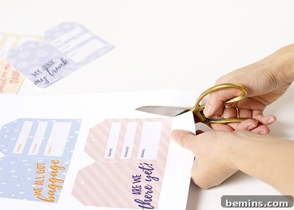 Printable cheeky luggage tags showing cutting out the template