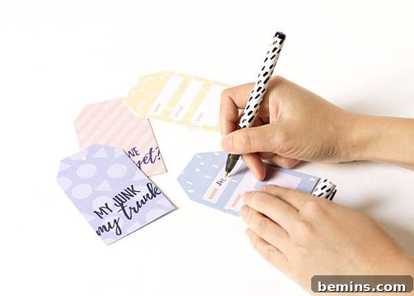 Printable cheeky luggage tags showing filling out the details on the tag