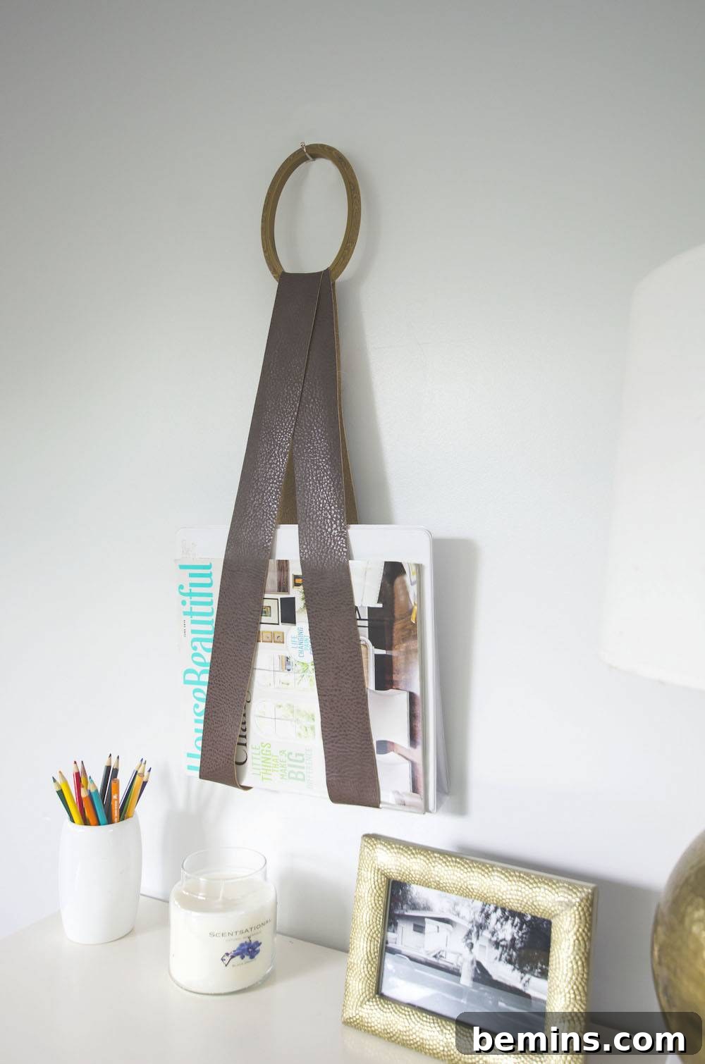 Close-up of DIY Leather Magazine Holder