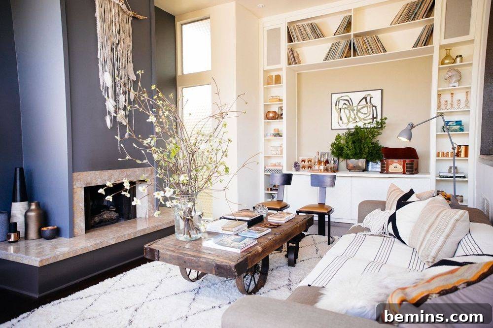 Living room with textiles, books, and unique vases