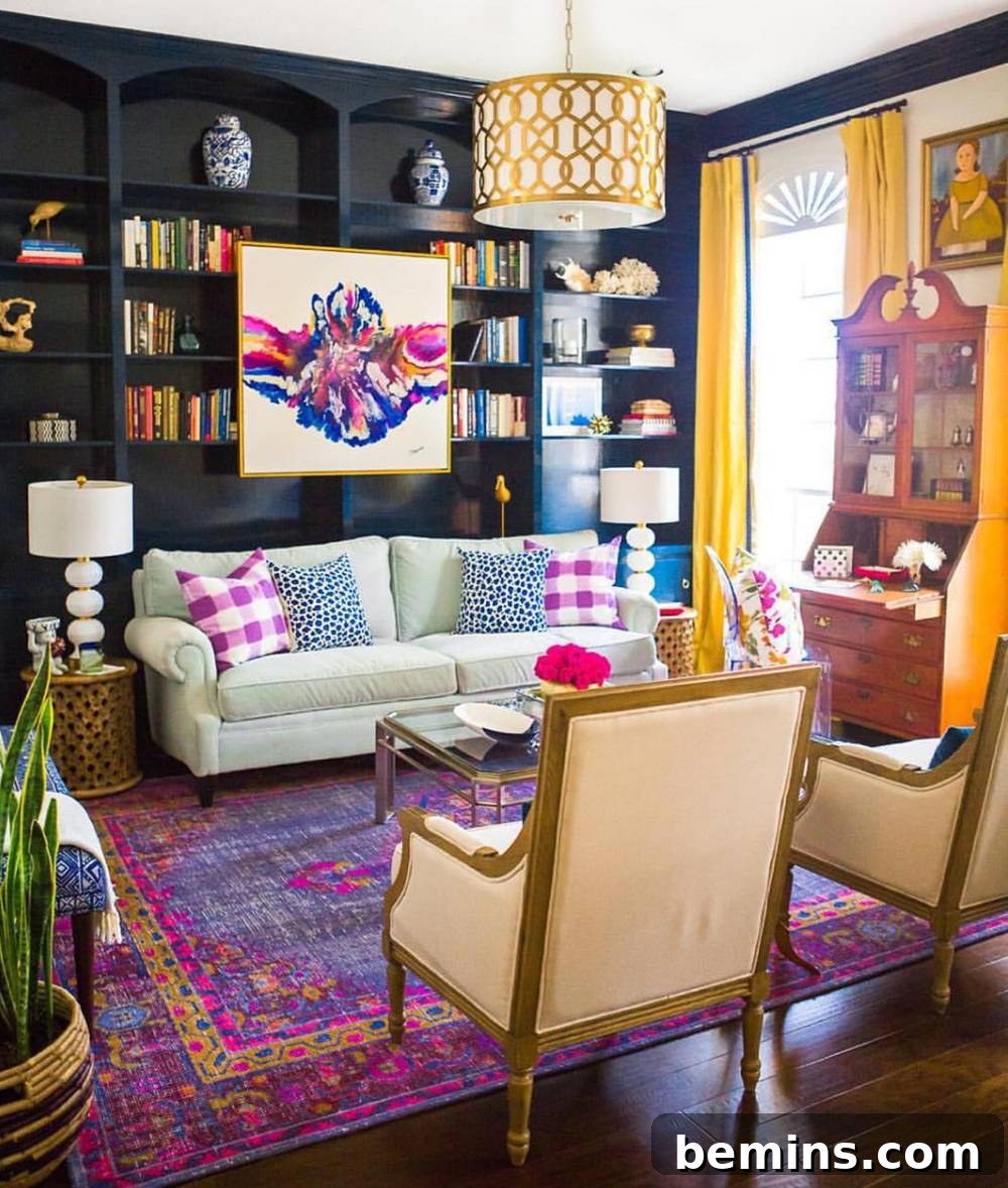 Colorful living room with built-ins and a secretary desk for displaying souvenirs