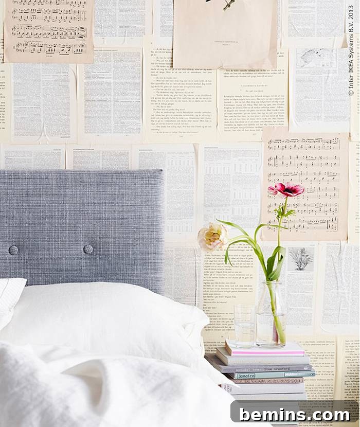 Wall covered in book pages