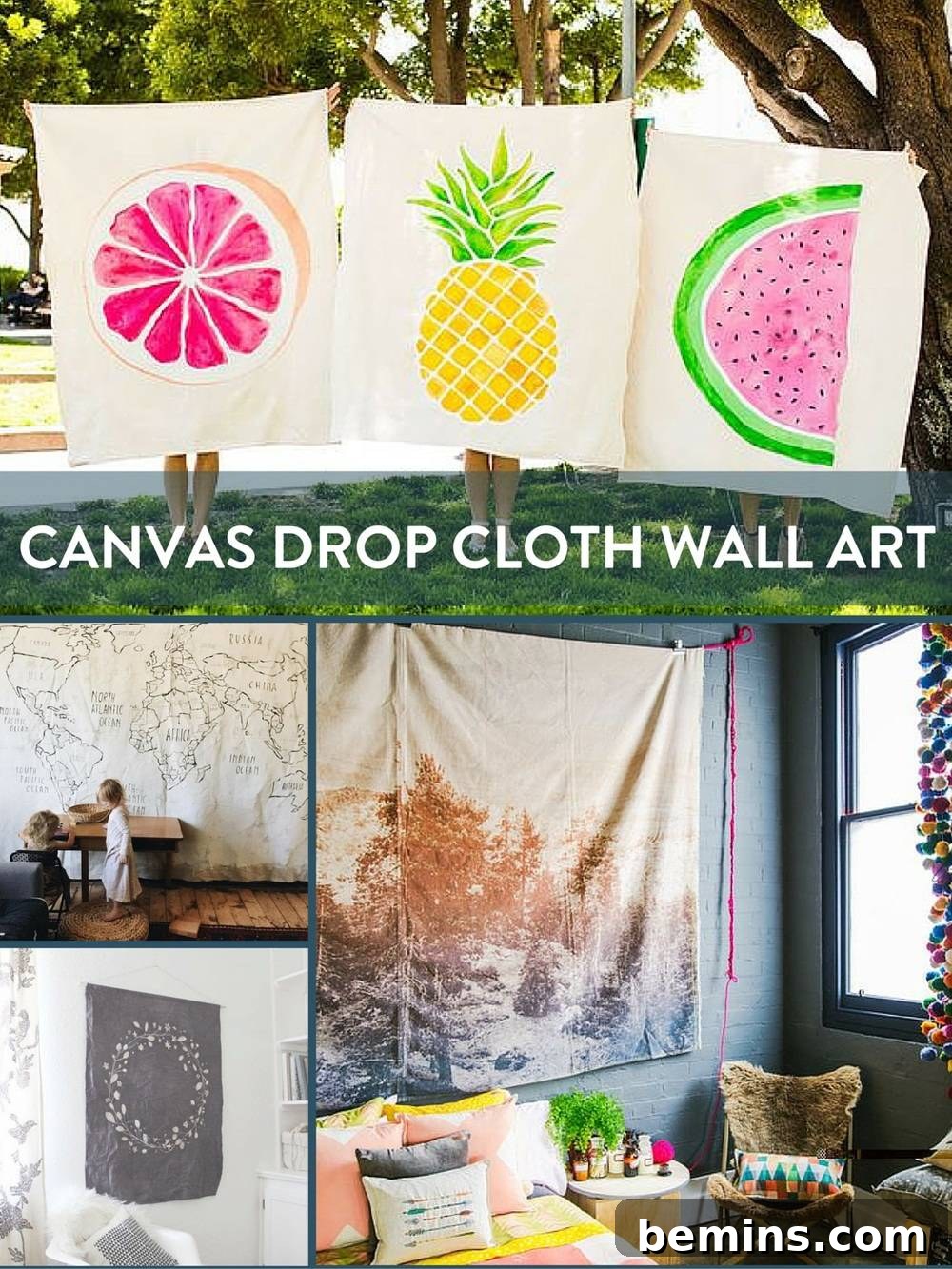 Canvas drop cloths with pictures drawn on them. Creative Canvas Drop Cloth Wall Art Ideas.