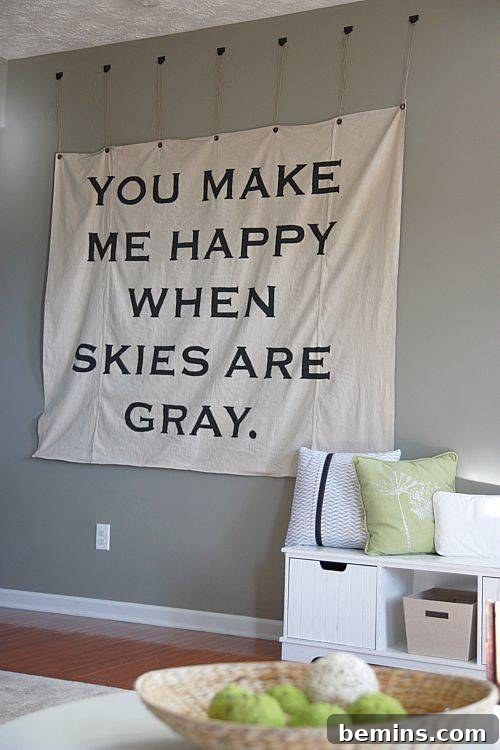 White canvas drop cloth with a quote. Typographic Canvas Drop Cloth Wall Art.