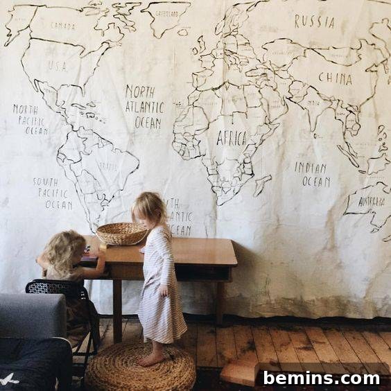 Kids playing standing near a beautiful big map placed on wall. Large Canvas Map Canvas Drop Cloth Wall Art.