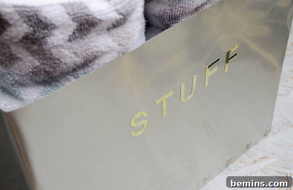 Detail of the Adhesive Letters on the DIY Industrial Metal Storage Box