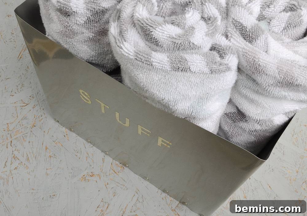 Close-up of the DIY Industrial Metal Storage Box with Towels Inside