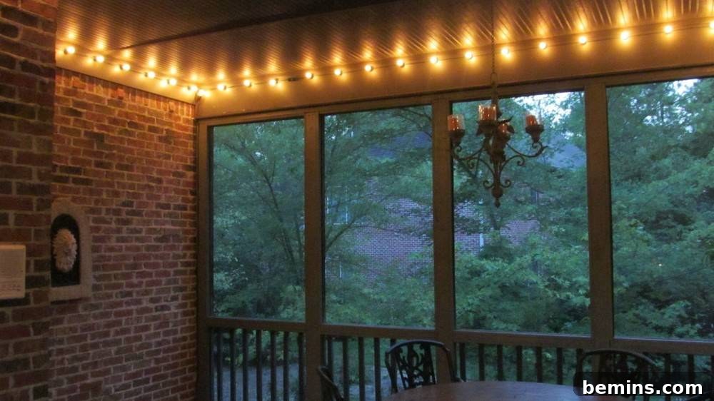 Bistro Lights Lining a Porch Ceiling