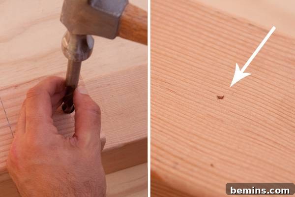 Transfering the hole location with a brad-point drill bit