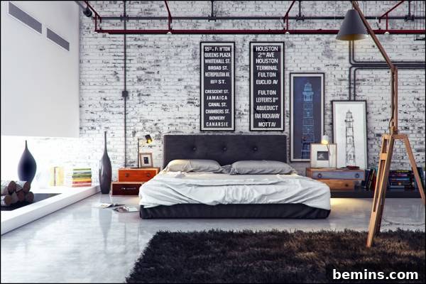 Industrial bedroom with a bed on the floor