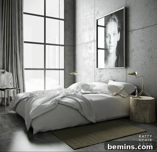 Industrial bedroom with a large piece of art above the bed