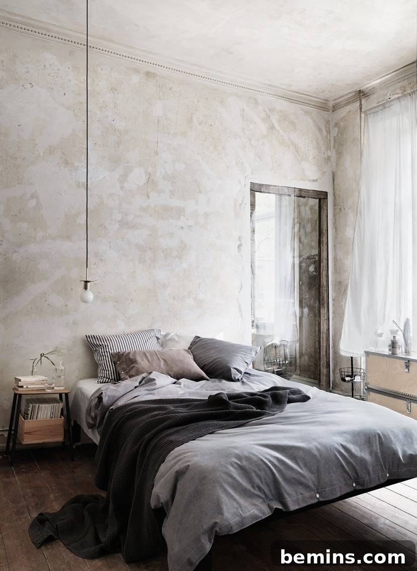 Industrial bedroom with a floating bed