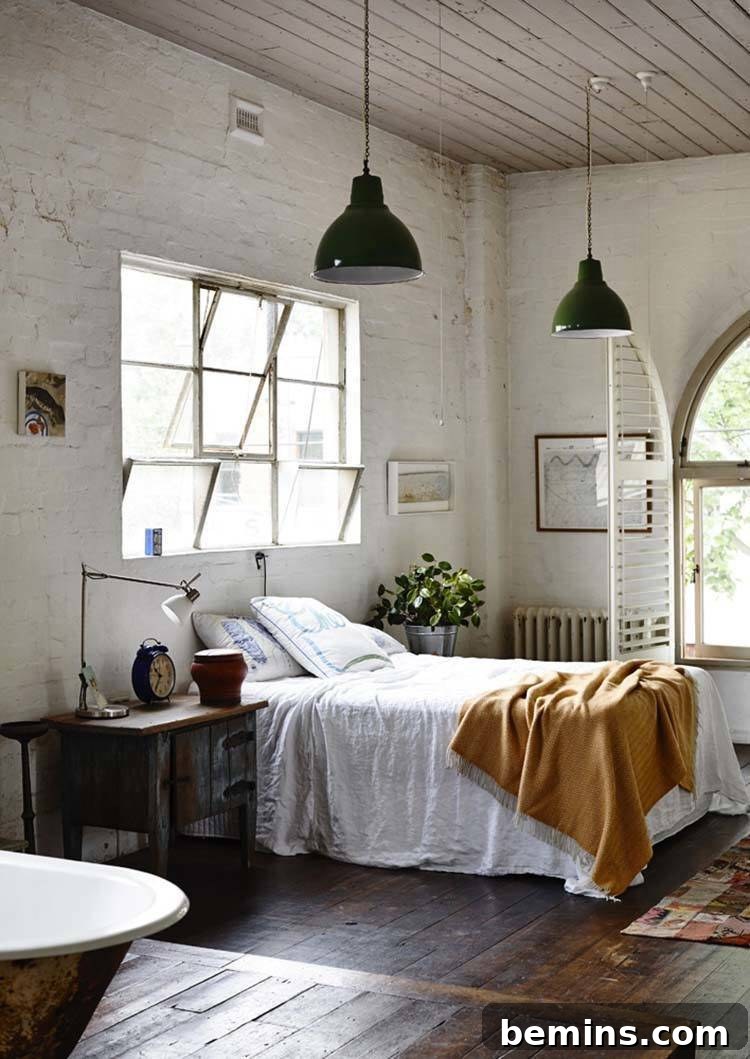 Industrial bedroom with a simple platform bed