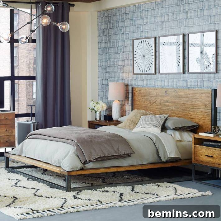 Industrial platform bed in a modern bedroom